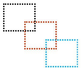 Three colored boxes formed by dots created by Helen R. Letts